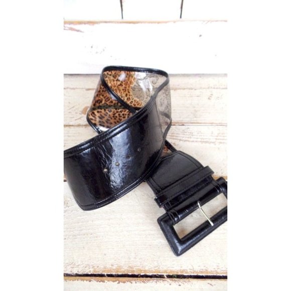 90s vintage wide animal print leather plastic see through belt/black/brown - Picture 4 of 5